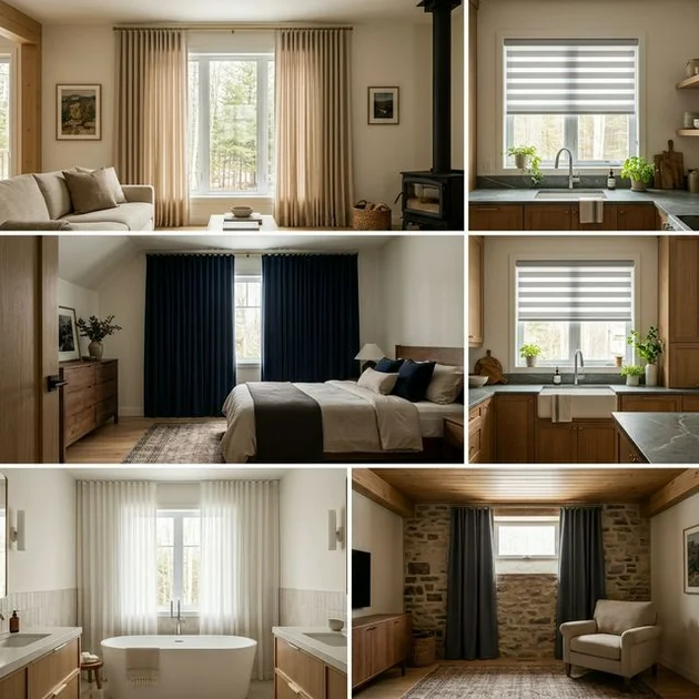 Collage of five rooms in a Sherbrooke home each with different window treatment: living room with linen wave pleat curtains, bedroom with velvet blackout drapes, kitchen with short alternating blinds, bathroom with light sheers, basement with thermal curtains, warm neutral colour palette