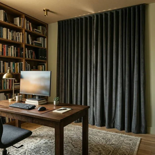 Bureau à domicile calme à Sherbrooke avec de lourds rideaux acoustiques sur mesure en velours gris foncé triple épaisseur couvrant entièrement une grande fenêtre du plafond au sol, bureau en bois avec ordinateur, bibliothèque murale, tapis épais, ambiance feutrée et silencieuse