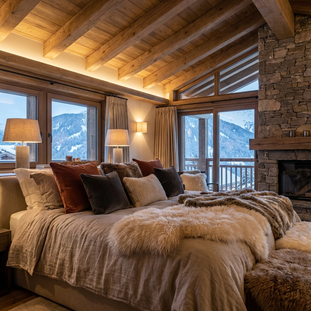 Chambre de maître de chalet luxueux avec draperies en lin lourd et fausse fourrure