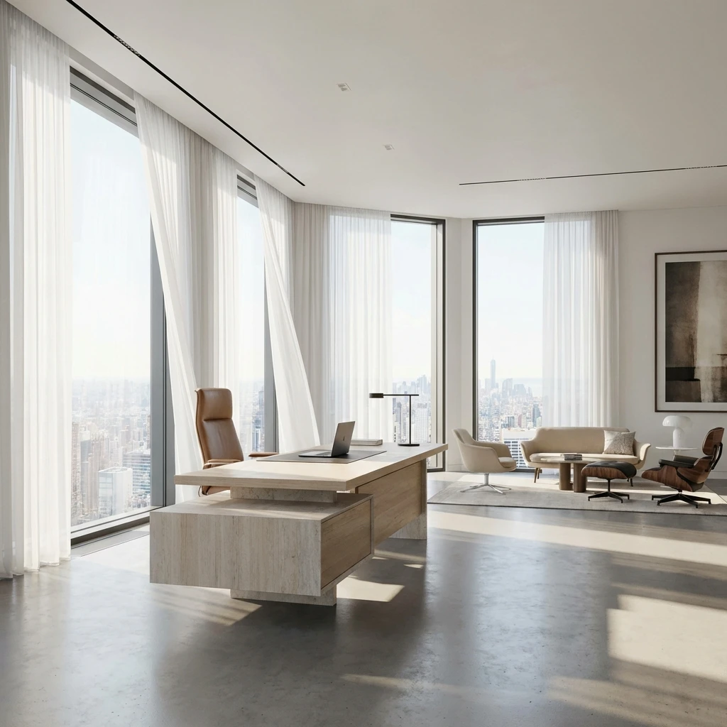 Stores et voilages automatisés sur mesure pour contrôle solaire dans un bureau d'entreprise