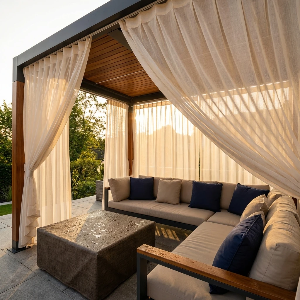 Rideaux motorisés hydrofuges sur mesure pour pavillon de jardin moderne