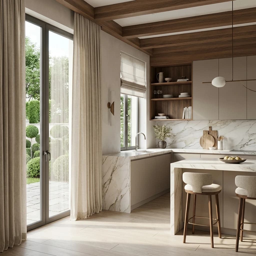 Rideaux en lin plancher plafond pour cuisine lumineuse avec vue sur patio