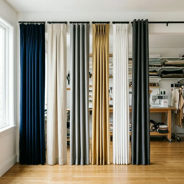 Six custom curtain panels hanging side by side in a Sherbrooke sewing atelier, each showing a different pleat type: navy velvet pinch pleat, beige linen flat pleat, grey cotton wave pleat, gold silk goblet pleat, white cotton pencil pleat, charcoal linen grommets, natural workshop lighting