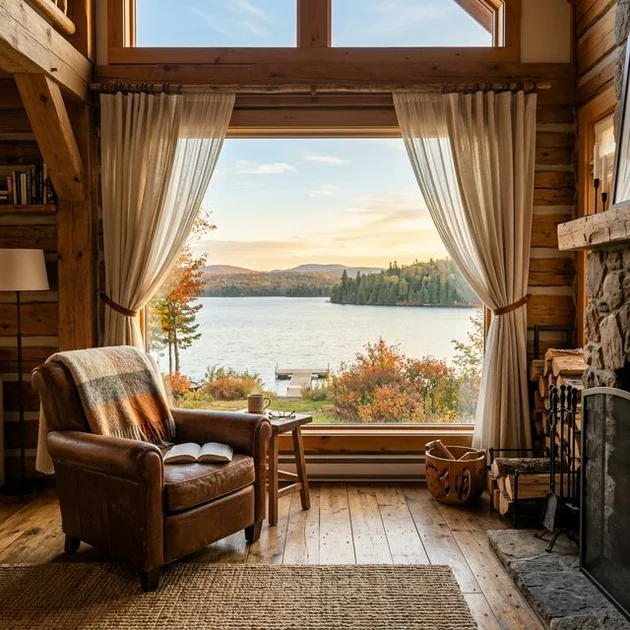 Warm interior of a wooden lakeside chalet on Lake Memphrémagog in Eastern Townships, panoramic window dressed with natural ecru linen curtains on wooden rod, lake view through sheer fabric, rustic wood floor, comfortable armchair, golden afternoon light