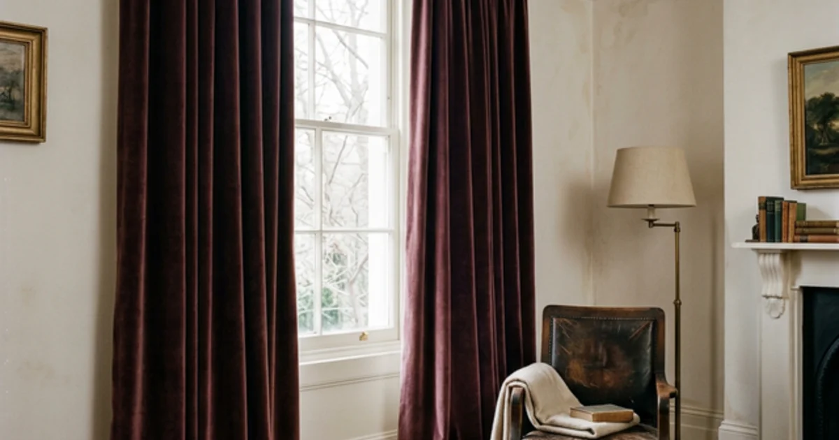 Deep plum velvet curtains in a white-walled living room, soft January light