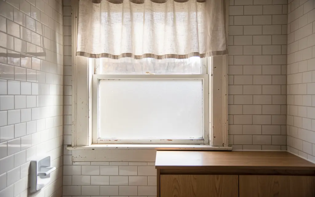 Bathroom window with a short linen cafe curtain mounted above the frame