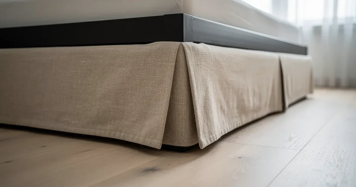Custom linen bed skirt fitted to a modern platform bed with tailored split corners