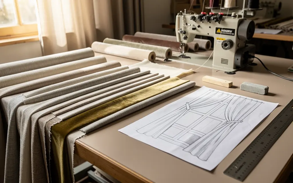 Atelier de confection de rideaux avec table de coupe, rouleaux de tissu et échantillons