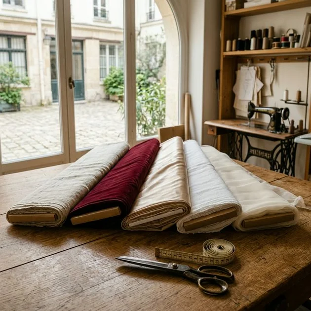 Sewing atelier table in Sherbrooke with five fabric bolts fanned out: natural ecru linen, deep burgundy velvet, shimmering champagne silk, textured white cotton, and sheer ivory voile, couturière scissors and measuring tape in foreground, warm workshop lighting