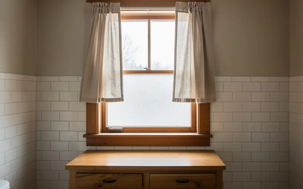 Petite fenêtre de salle de bain avec un rideau court en lin non doublé posé en applique