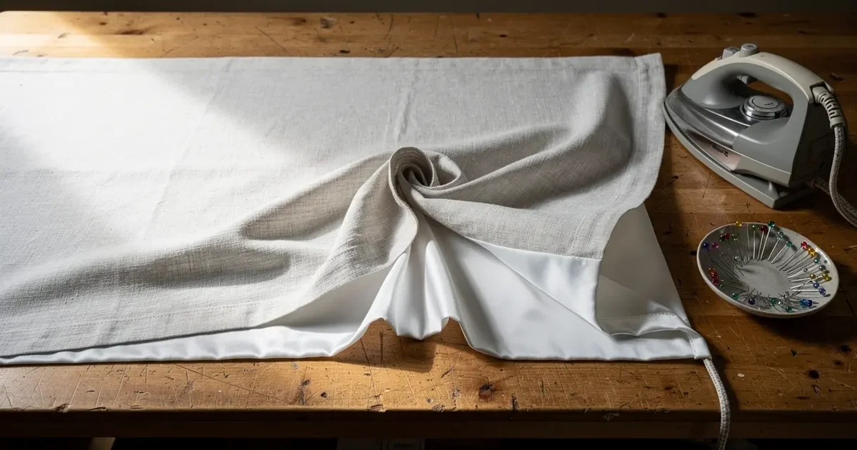 Rideau de lin doublé étendu à plat sur une table de coupe, un coin visiblement vrillé