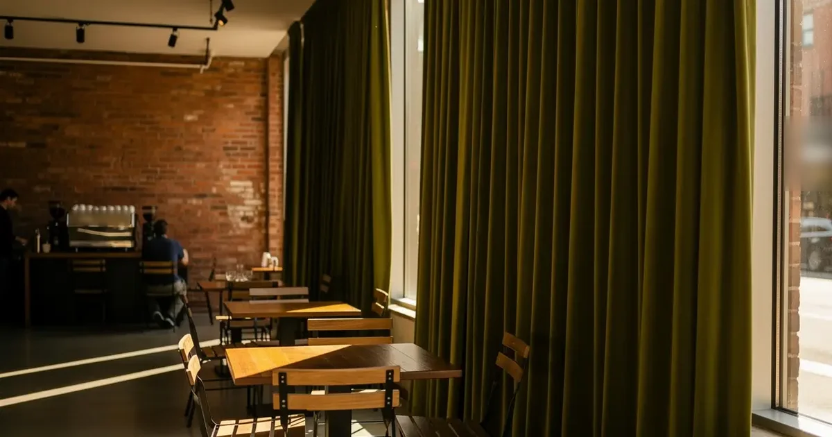 Rideau de velours olive froncé le long des hautes vitrines d'un café aux murs de brique, tables de bois, chaises de métal et machine à espresso au fond de la salle