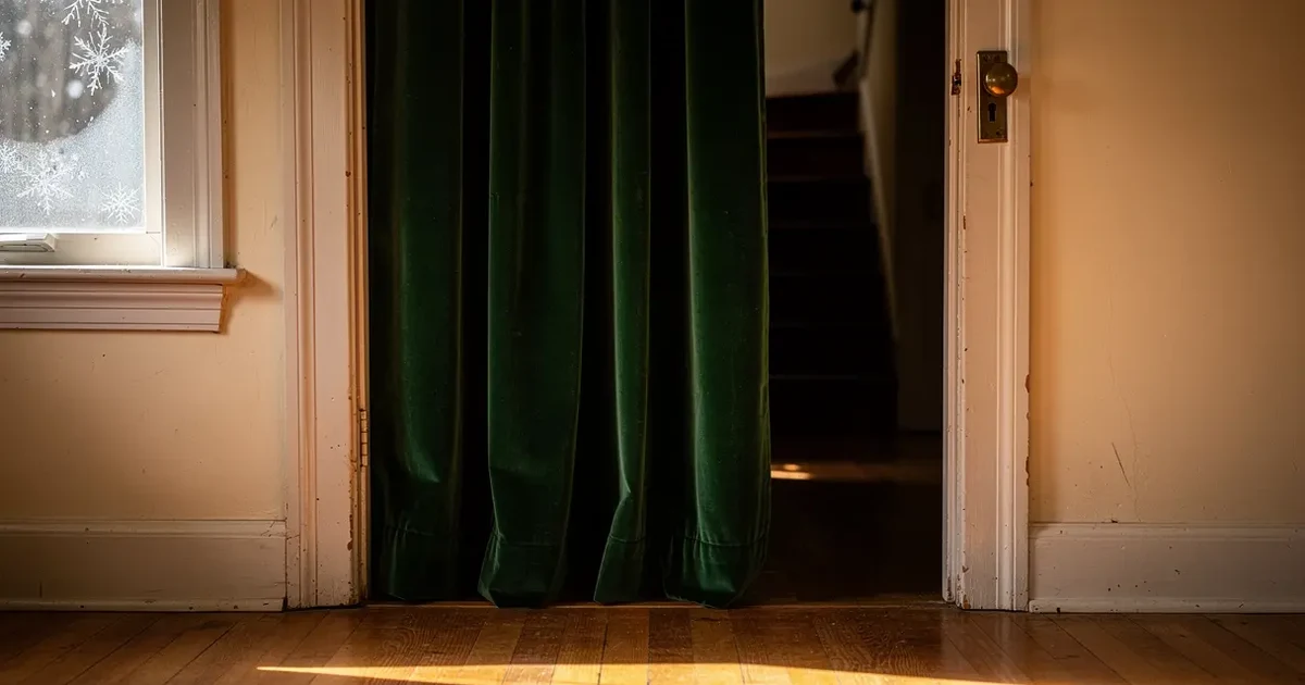 Rideau de porte en velours vert suspendu dans une embrasure entre un salon et un escalier