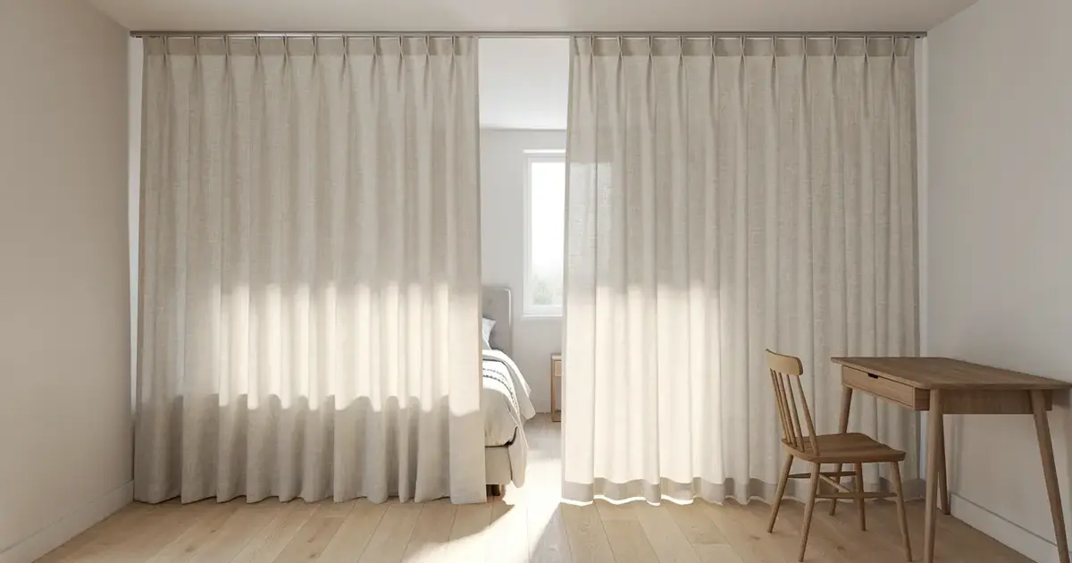 Panneau séparateur en lin suspendu du plafond au plancher isolant un coin bureau
