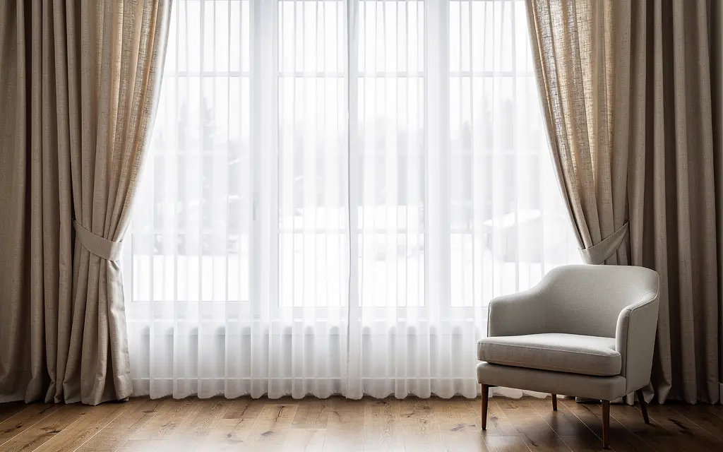Voilage blanc translucide devant une grande fenêtre de salon