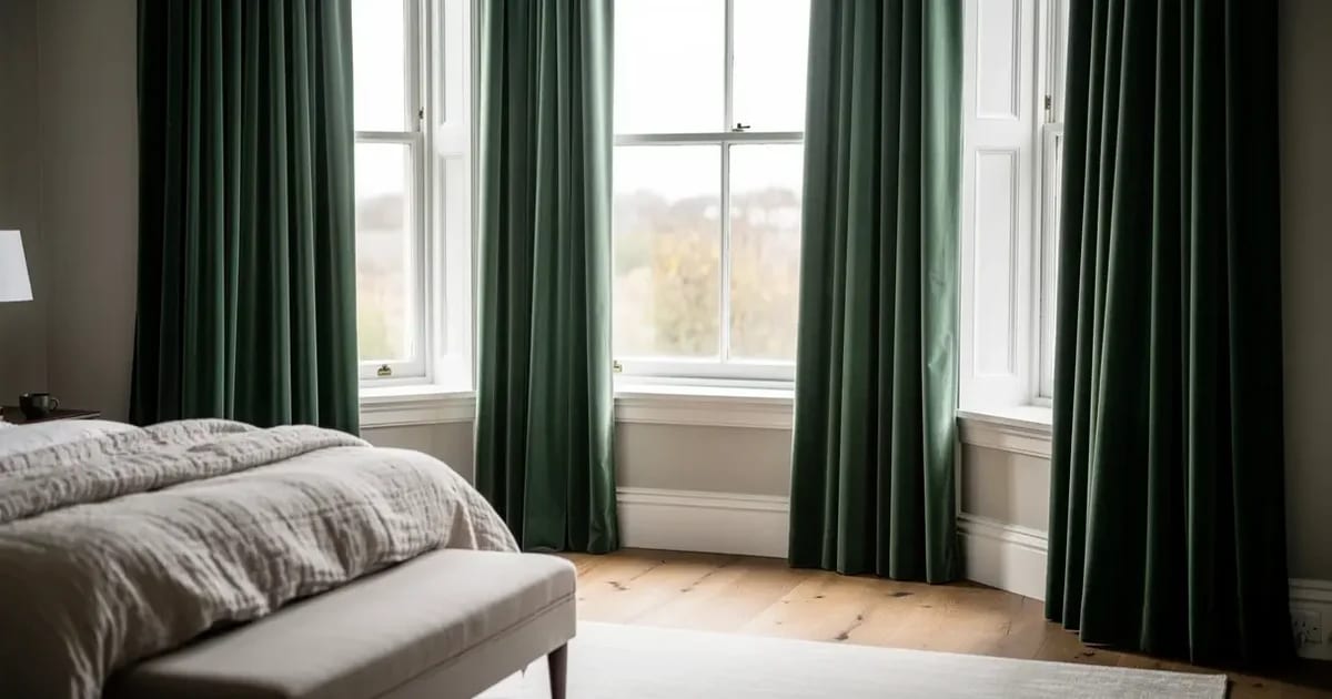 Primary bedroom with green velvet drapes in front of a bay window