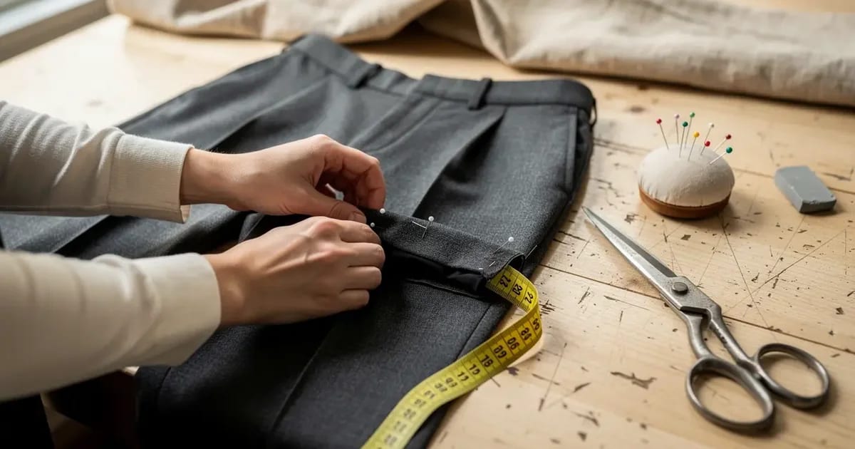 A seamstress's hands pinning the hem of wool dress trousers on a cutting table.