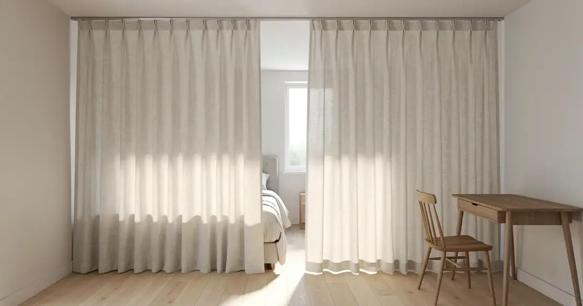 Panneau séparateur en lin suspendu du plafond au plancher isolant un coin bureau
