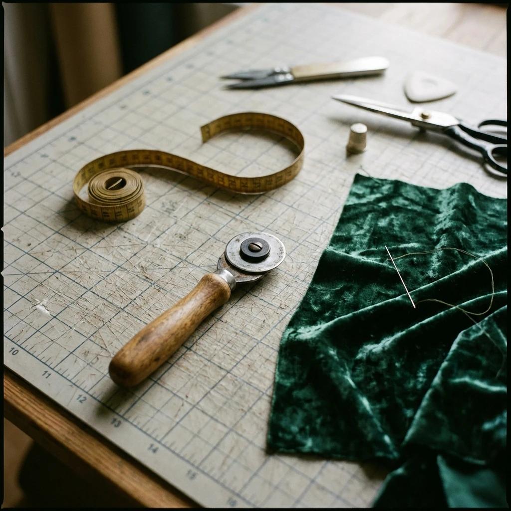 Table de coupe de l'atelier, confection artisanale de rideaux sur mesure