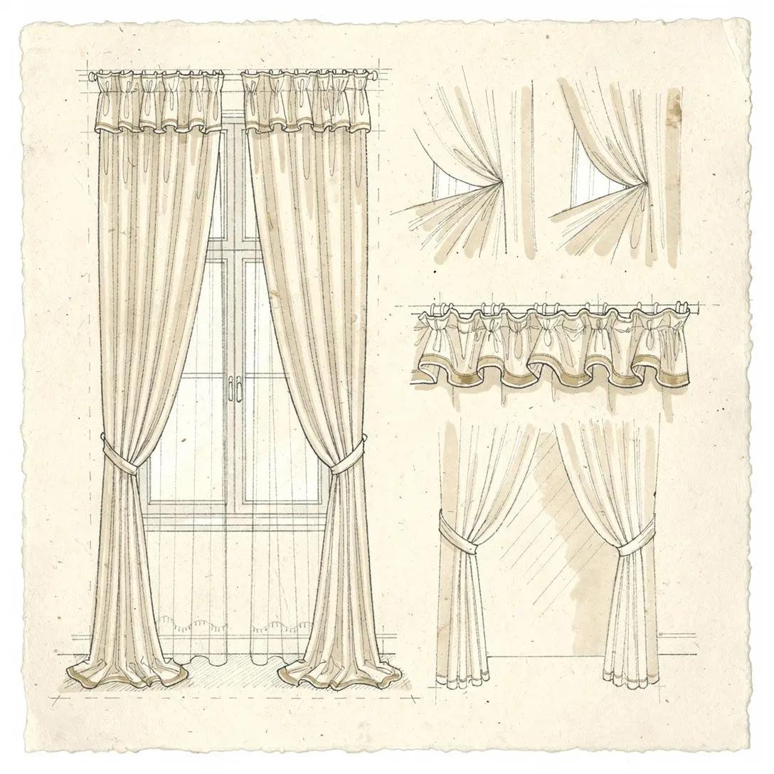 Croquis dessinés à la main de rideaux sur mesure et d'habillage de fenêtre