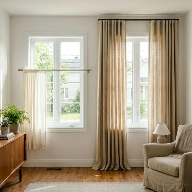 Deux fenêtres côte à côte dans un salon lumineux de Sherbrooke : à gauche, un rideau prêt-à-poser en polyester fin légèrement trop court, à droite un rideau sur mesure en lin naturel épais tombant parfaitement au sol avec un pli wave régulier, lumière naturelle dorée du matin
