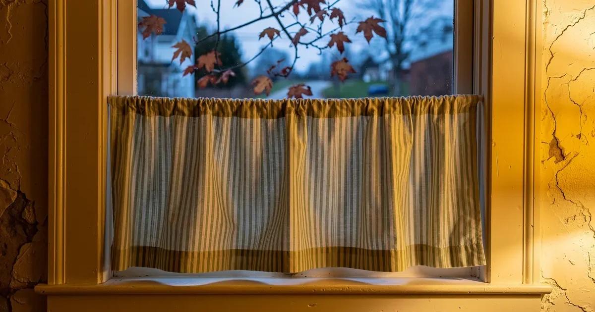 Rideau bistro en coton rayé non doublé couvrant le bas d'une fenêtre de rez-de-chaussée dans une maison ancienne de l'Estrie, moitié supérieure de la fenêtre dégagée et lumineuse, trottoir visible au-delà, lumière chaude de lampe à l'intérieur