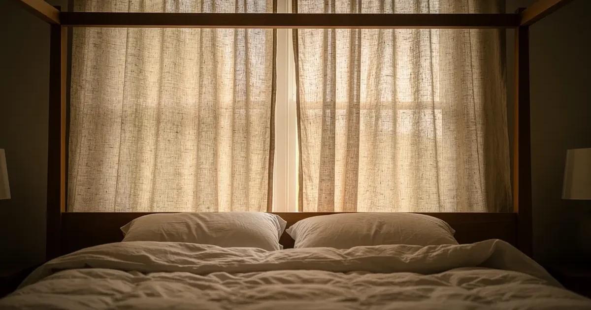 Lit à colonnes dans une chambre de l'Estrie avec deux panneaux de rideau en lin sur mesure suspendus à la tête seulement, vus par en dessous à contre-jour d'une fenêtre, cadre de bois chaud et literie pâle, lumière de fin d'avant-midi