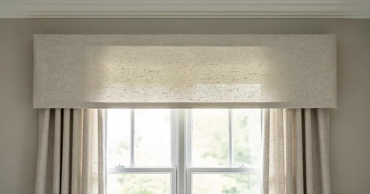 Cantonnière plate contemporaine en lin écru montée sur planche au-dessus d'une fenêtre de salon dans une maison de Sherbrooke, ligne du bas parfaitement droite, rideaux assortis de chaque côté, lumière naturelle de fin d'avant-midi