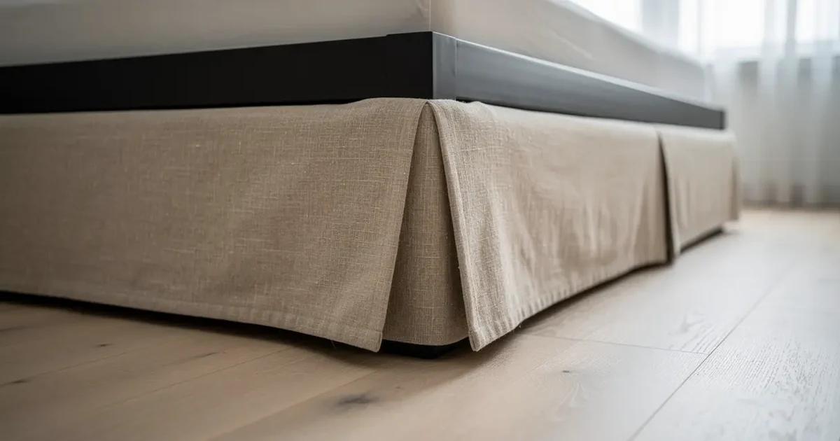 Custom linen bed skirt in warm oat tone fitted to a modern platform bed in an Eastern Townships bedroom, tailored split corners falling straight to the floor, morning light from a sheer-covered window