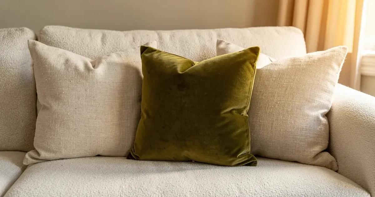 Trois housses de coussin sur mesure en lin écru et en velours olive contrastant, posées sur un divan pâle dans un salon de l'Estrie, coins bien remplis et carrés plutôt que mous, fermetures invisibles sur le bord inférieur, lumière d'après-midi