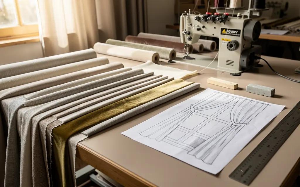 Atelier de confection de rideaux à Sherbrooke, grande table de coupe avec rouleaux de tissu, échantillons de lin et de velours étalés, croquis dessiné à la main, machine à coudre industrielle, lumière naturelle de fenêtre d'atelier