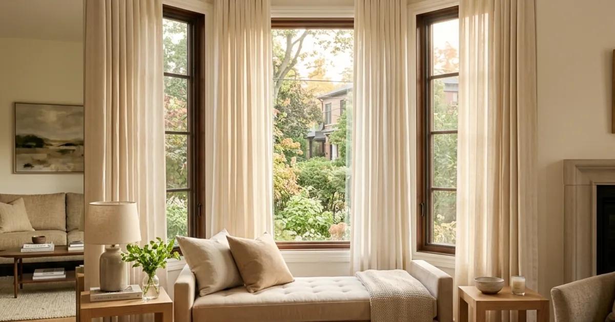 Salon élégant d'une maison résidentielle québécoise avec une grande baie window à trois facettes habillée de rideaux en lin naturel crème à plis wave continus sur une tringle cintrée sur mesure, banquette en velours beige devant les trois fenêtres, plancher de chêne clair, tables d'appoint en bois, lumière naturelle abondante de fin d'après-midi