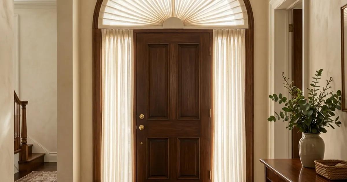 Bright residential interior with a half-moon window above an entry door, dressed with an artisan sunburst pleat in ecru linen that opens like a fan from the top centre, tailored finish at the base, cream plaster wall, dark wood floor, morning light passing through the fine fabric