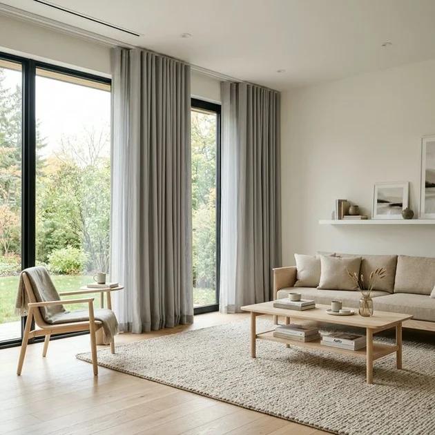 Salon moderne et épuré à Sherbrooke avec grandes fenêtres habillées de rideaux en lin gris tourterelle montés au plafond sur rail dissimulé, lignes pures tombant au plancher, voilage léger en dessous, mobilier scandinave en bois pâle, murs blancs, tapis texturé beige
