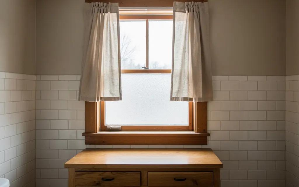 Petite fenêtre de salle de bain dans une maison ancienne de Sherbrooke, rideau court en lin non doublé posé en applique au-dessus du cadre, vitre du bas givrée, céramique blanche et meuble-lavabo en bois, lumière douce du matin