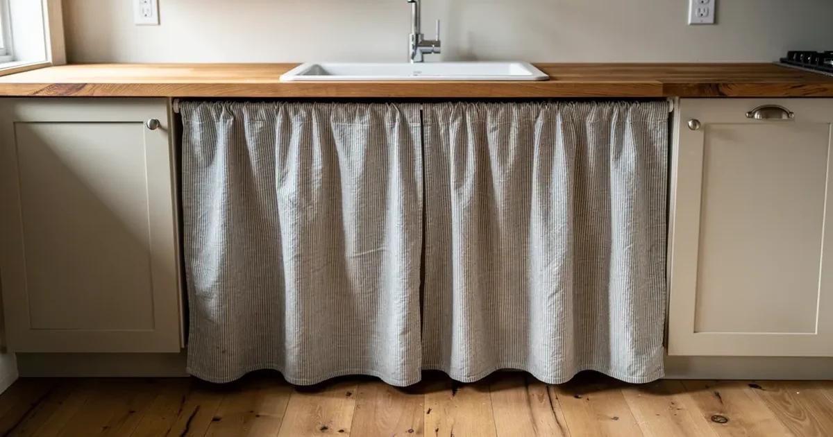 Jupe d'évier en coton rayé gris taupe et écru suspendue à une tringle sous le rebord d'un comptoir de bois dans une cuisine de Sherbrooke, ampleur modérée tombant en plis souples devant les armoires, évier encastré et robinet chromé au-dessus, plancher de chêne, lumière naturelle du matin