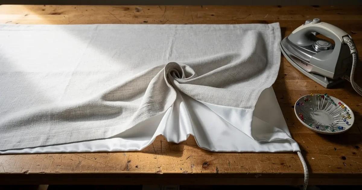 Rideau de lin doublé étendu à plat sur une grande table de coupe dans un atelier de Sherbrooke, un coin du panneau visiblement vrillé où la doublure a rétréci plus que la façade, fer à vapeur professionnel posé à côté, lumière naturelle latérale