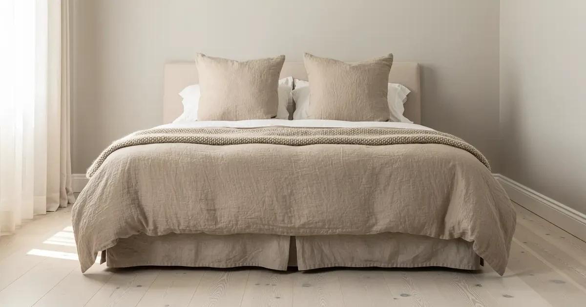 Lit double dans une chambre de Sherbrooke habillé d'une housse de couette en lin lavé beige tombant également des deux côtés jusqu'au cache-sommier, deux taies européennes appuyées contre la tête de lit, lumière naturelle du matin par une fenêtre habillée de voilage