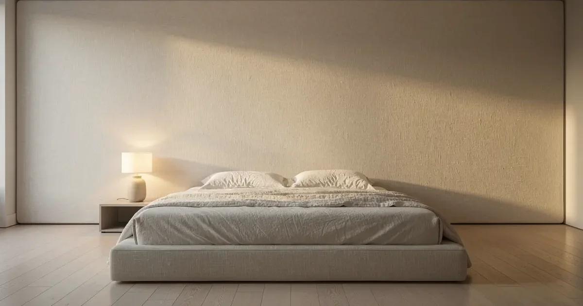 Grand panneau de tissu en lin écru tendu du plafond au plancher sur le mur derrière un lit dans une chambre de Sherbrooke, surface plane et régulière, lampe de chevet éclairant le tissu en lumière rasante, literie pâle, fin d'après-midi