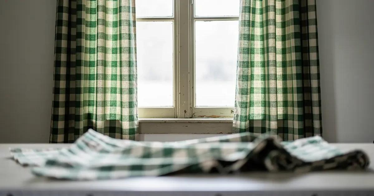 Deux panneaux de rideau en tissu à carreaux verts et écrus suspendus côte à côte devant une fenêtre, les carreaux alignés exactement à la même hauteur sur les deux panneaux, chutes de tissu visibles pliées sur une table de coupe au premier plan