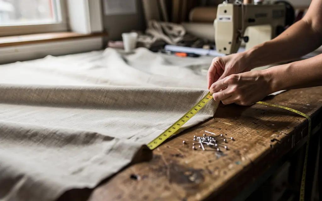 Mains d'une couturière mesurant l'ourlet d'un rideau en lin beige sur une grande table de coupe à l'atelier de Sherbrooke, ruban à mesurer, épingles, machine à coudre industrielle en arrière-plan, lumière naturelle latérale