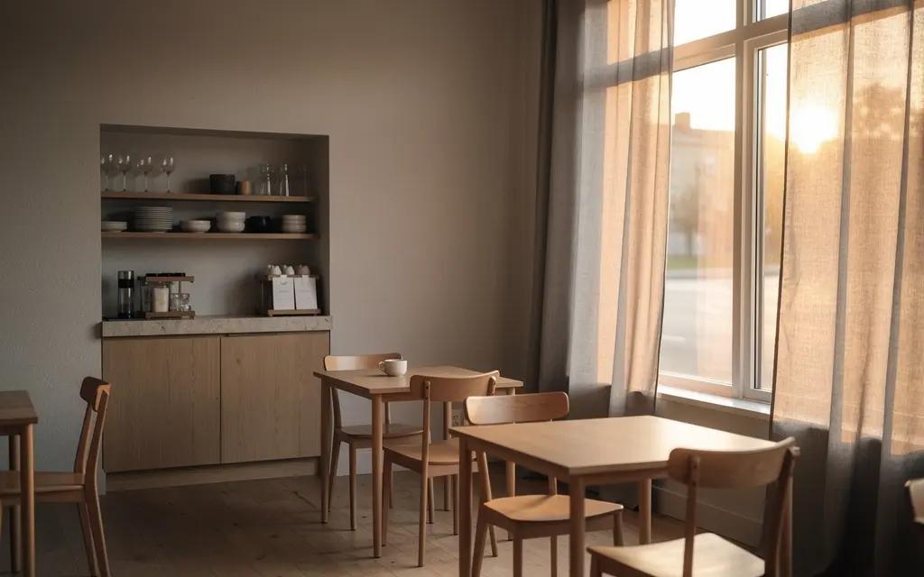 Salle de café de quartier en Estrie avec de grandes fenêtres habillées de rideaux en tissu ignifuge gris chaud, tables en bois, comptoir, lumière de fin d'après-midi, ambiance chaleureuse et sobre