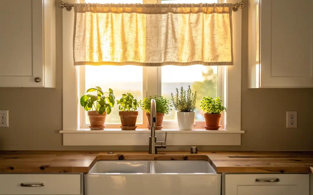 Fenêtre de cuisine au-dessus d'un évier dans une maison de Sherbrooke, rideau court en lin lavé beige monté sur tringle au-dessus du cadre, plantes sur le rebord, lumière naturelle du matin, comptoir en bois