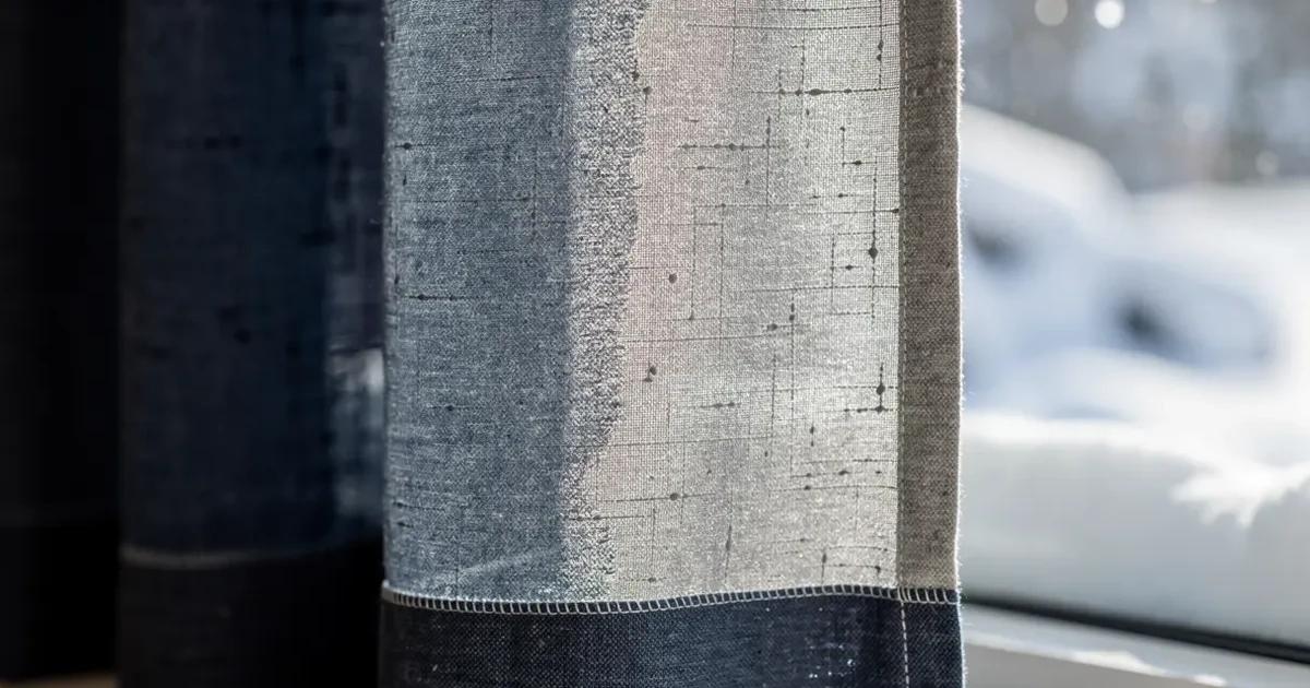Bord menant d'un rideau en lin bleu visiblement plus pâle que le reste du panneau, comparé côte à côte avec le tissu d'origine à l'intérieur du pli, lumière rasante d'hiver par une fenêtre plein sud à Sherbrooke