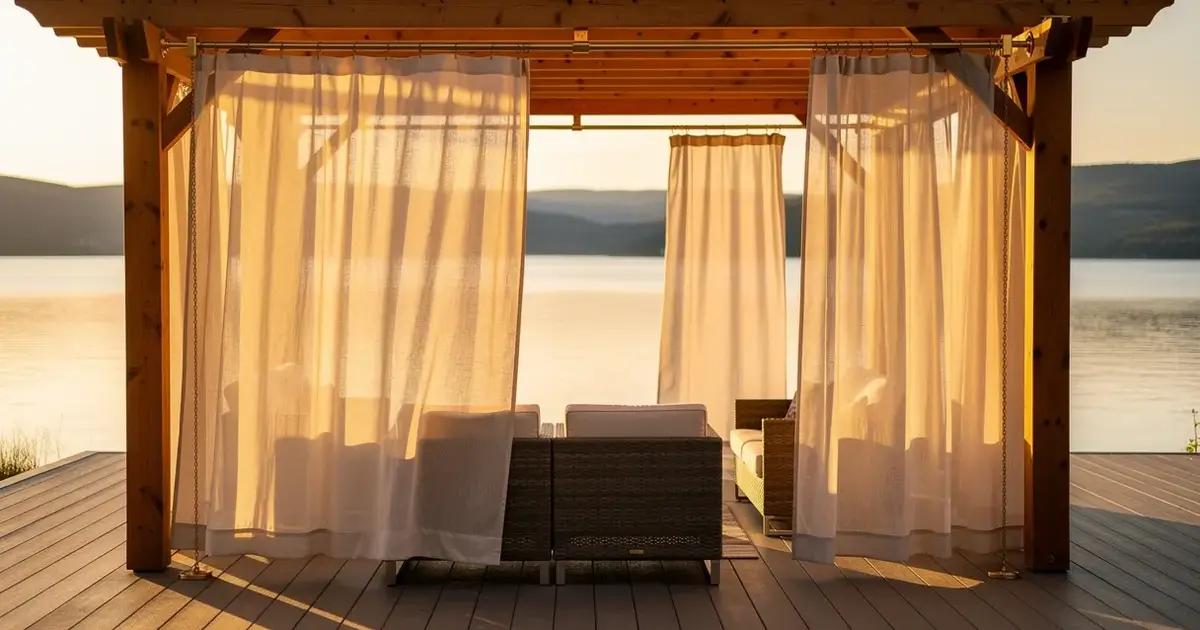 Wooden pergola of a lakeside chalet on Lake Memphrémagog in the Eastern Townships at sunset, lightweight ecru linen sheer curtains hanging on all four sides gently moving in the lake breeze, discreet outdoor track, lake view through sheer fabric, rattan patio furniture, golden end-of-day light