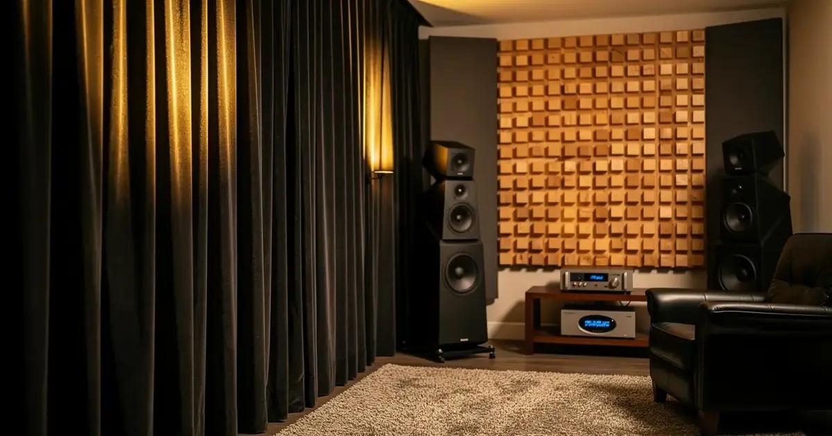 Dark velvet curtains gathered floor to ceiling along the side wall of a basement listening room, black floorstanding speakers, a light wood diffuser panel on the far wall and a leather chair