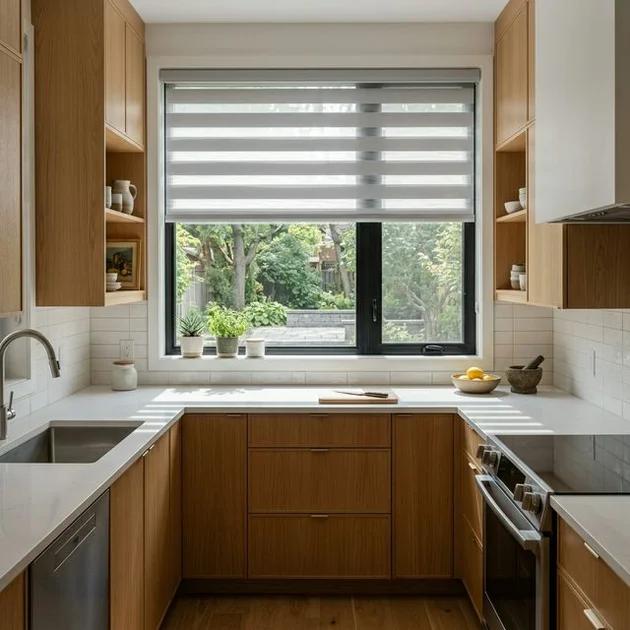 Grande fenêtre de cuisine moderne à Sherbrooke habillée d'un store alterné sur mesure en tissu gris pâle, bandes opaques et transparentes alternées montrant le contrôle de lumière, comptoir en quartz blanc, armoires en bois naturel, lumière tamisée filtrant à travers les bandes translucides