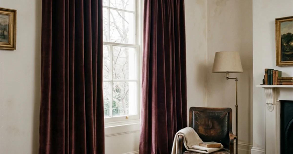 Rideaux en velours prune foncé dans un salon aux murs blancs, lumière tamisée de janvier