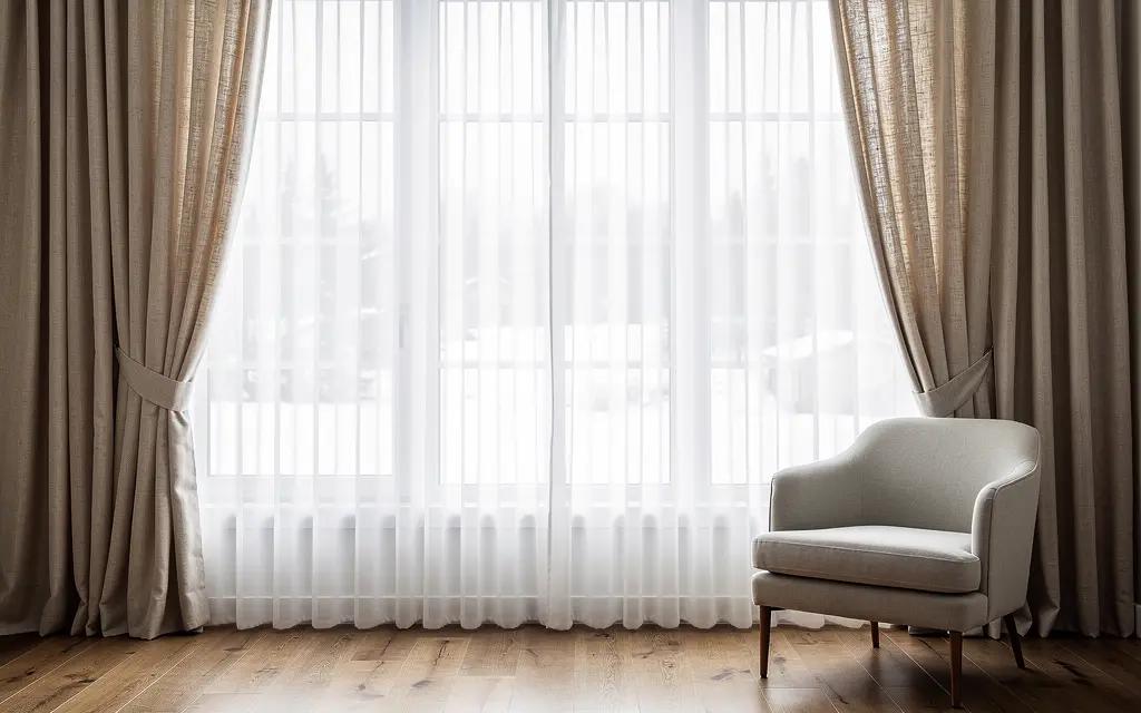 Voilage blanc translucide devant une grande fenêtre d'un salon de Sherbrooke, lumière du jour diffusée, double rideau en lin beige ouvert de chaque côté, plancher de bois, fauteuil, ambiance calme