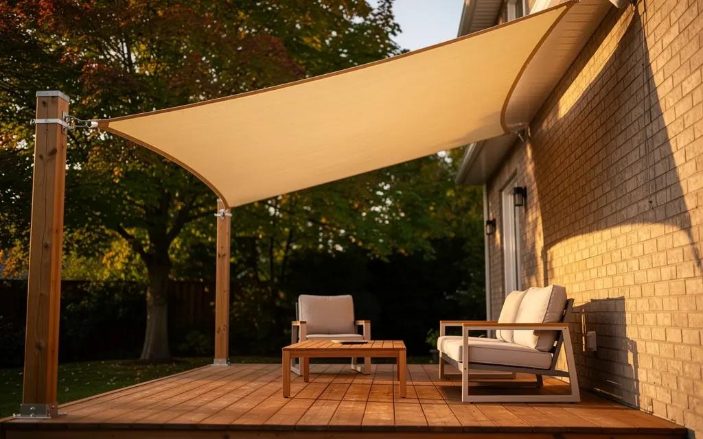 Voile d'ombrage triangulaire beige tendue au-dessus d'une terrasse en bois dans une cour de Sherbrooke, fin d'après-midi d'été, ancrages visibles sur poteaux et mur de brique, mobilier de jardin à l'ombre